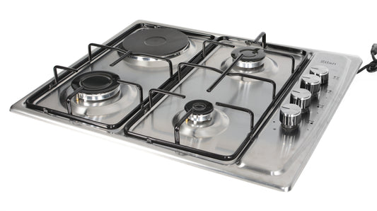 Plita incorporabila Zilan ZLN-1918 GPL si Gaz natural 58x50 cm, 3 ochiuri, 1 ochi electric, duze de schimb incluse, aprindere electrica, Inox