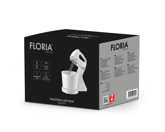Mixer cu bol Floria ZLN-7577 ALB, 7 viteze, Bol plastic 2 Litri, Putere 150W, ALB