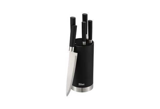 Set cutite 6 piese RETRO Zilan ZLN1609, Suport inclus, Otel inoxidabil 3CR13, Compatibil masina de spalat vase, Negru