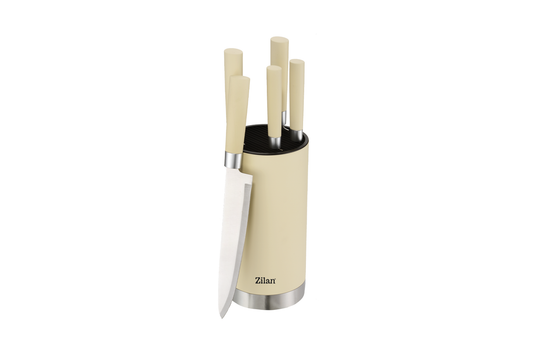 Set cutite 6 piese RETRO Zilan ZLN1610, Suport inclus, Otel inoxidabil 3CR13, Compatibil masina de spalat vase, Crem