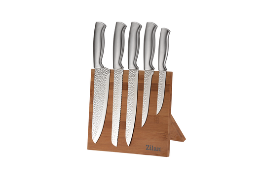 Set cutite 6 piese Zilan ZLN1641, Suport inclus din bambus, Cutite din otel inoxidabil 3CR13, Compatibil masina de spalat vase
