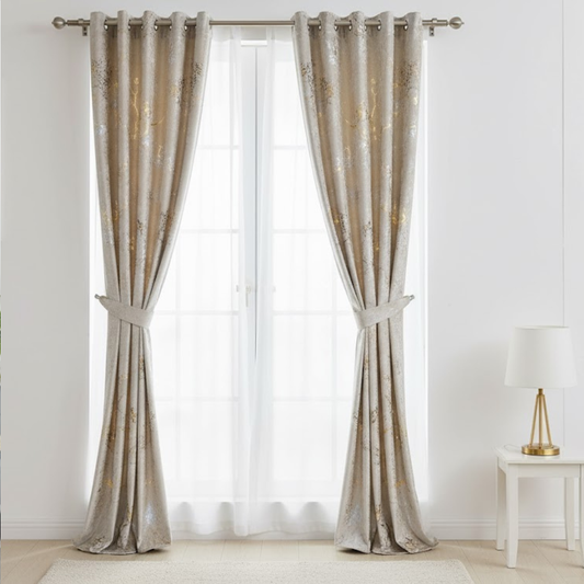 Set 2 Draperii ETNA Catifea CRETA cu insertii aurii si argintii - 150 x 250cm ,Rejansa pt. bara , Bej -V1