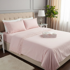 Lenjerie Pat Dublu, 4 Piese, Bumbac 100% Zambak – Calitate Premium, Culoare Bej, Roz, Alb