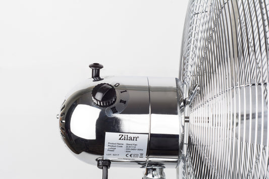 Ventilator inox cu picior ZİLAN ZLN-1112 , Putere 50 W, cu 3 trepte de viteza, oscilatie automata, debit 6000mc/h, maner pentru transport facil, 4 pozitii de ajustare pe verticala, Inaltime reglabila 88-120 cm