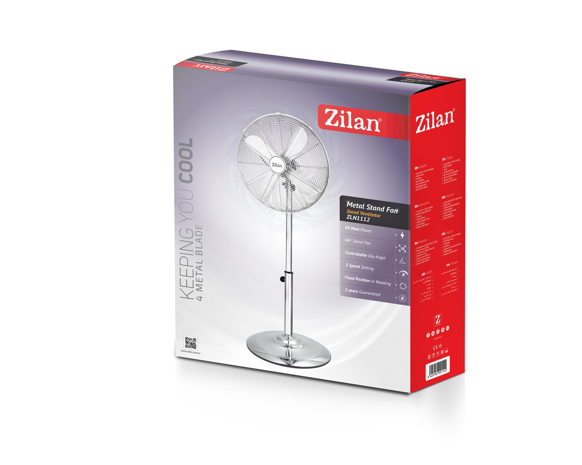 Ventilator inox cu picior ZİLAN ZLN-1112 , Putere 50 W, cu 3 trepte de viteza, oscilatie automata, debit 6000mc/h, maner pentru transport facil, 4 pozitii de ajustare pe verticala, Inaltime reglabila 88-120 cm