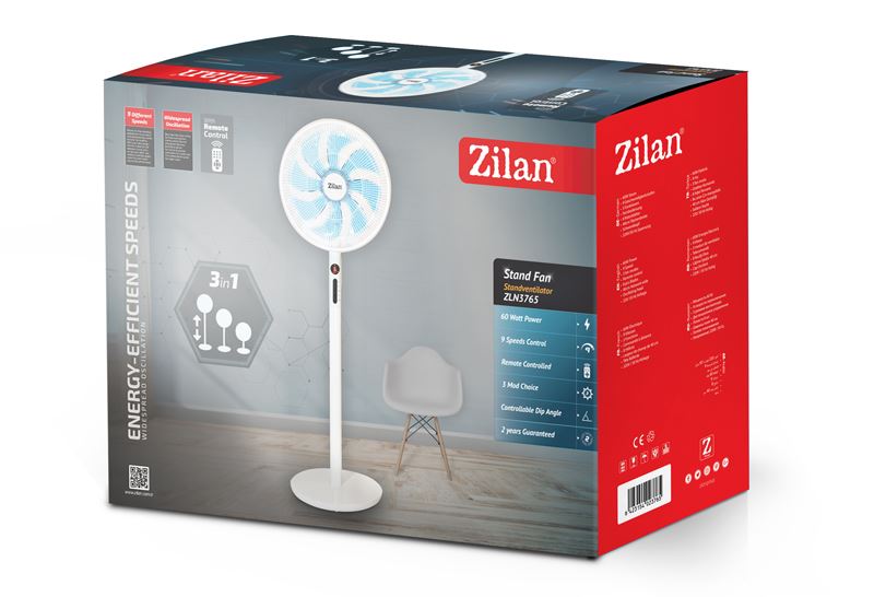 Ventilator cu picior 3IN1 ZILAN ZLN-3765, Telecomanda, Putere 60W, 9 viteze, Oscilatie orizontala, Unghi inclinare reglabil