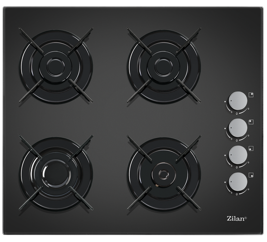 Plita incorporabila Zilan ZLN-0058, Gaz butelie sau gaz natural  duze de schimb incluse , 59x51 cm, 4 Arzatoare, Aprindere Electrica, Sticla Neagra