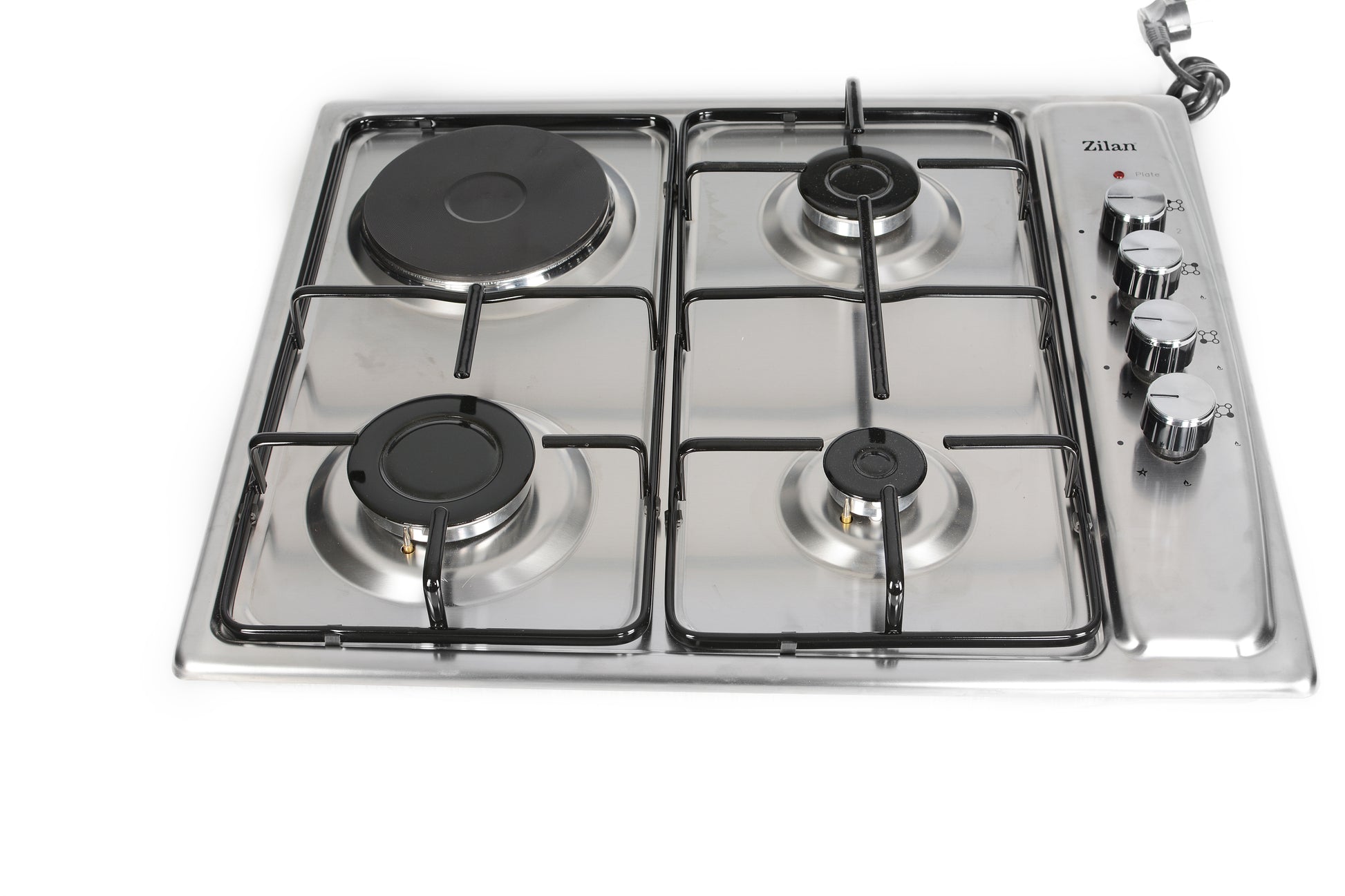 Plita incorporabila Zilan ZLN-1918 GPL si Gaz natural 58x50 cm, 3 ochiuri, 1 ochi electric, duze de schimb incluse, aprindere electrica, Inox