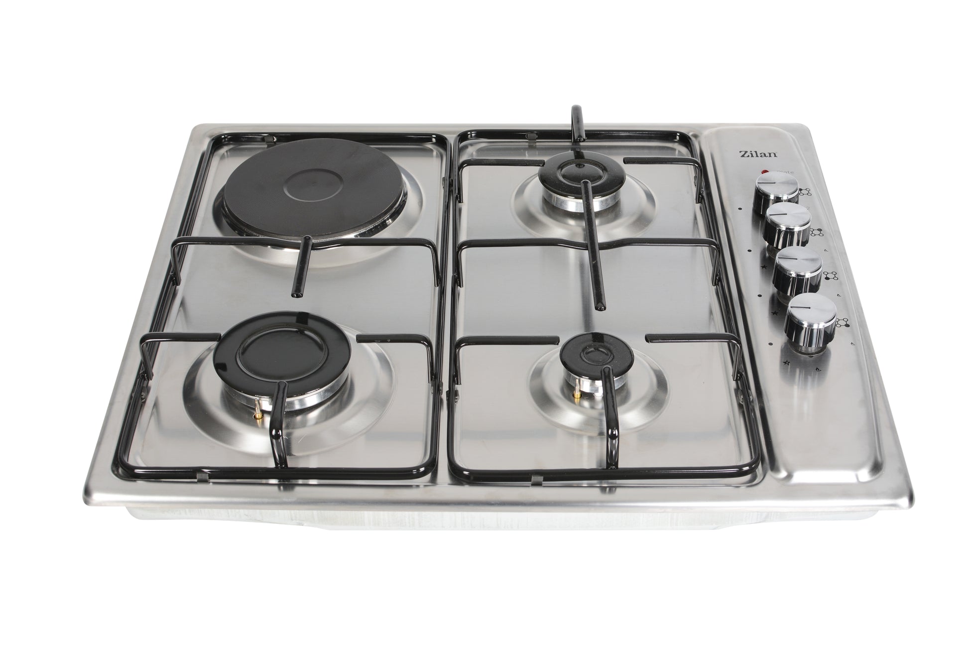 Plita incorporabila Zilan ZLN-1918 GPL si Gaz natural 58x50 cm, 3 ochiuri, 1 ochi electric, duze de schimb incluse, aprindere electrica, Inox