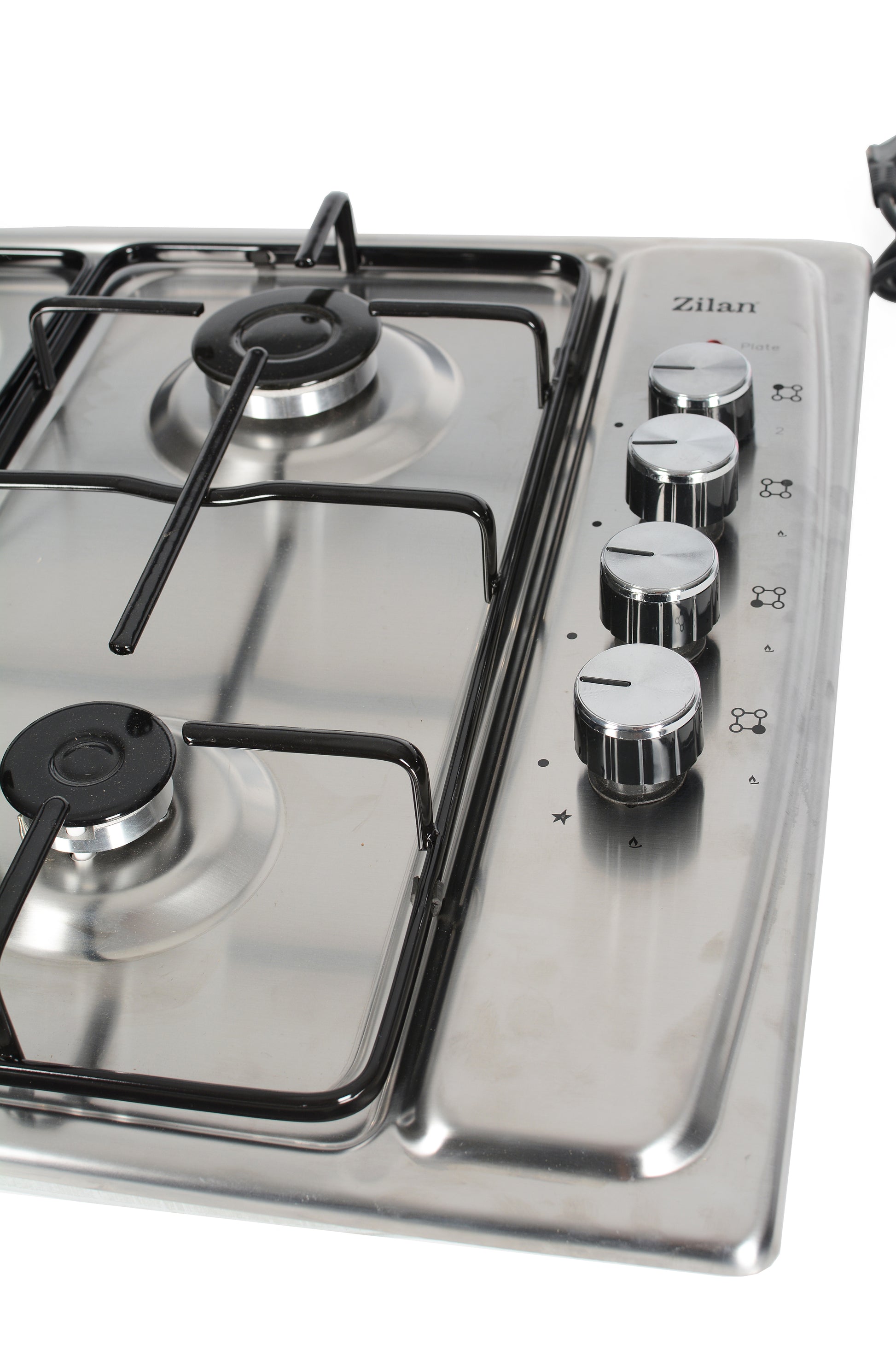 Plita incorporabila Zilan ZLN-1918 GPL si Gaz natural 58x50 cm, 3 ochiuri, 1 ochi electric, duze de schimb incluse, aprindere electrica, Inox