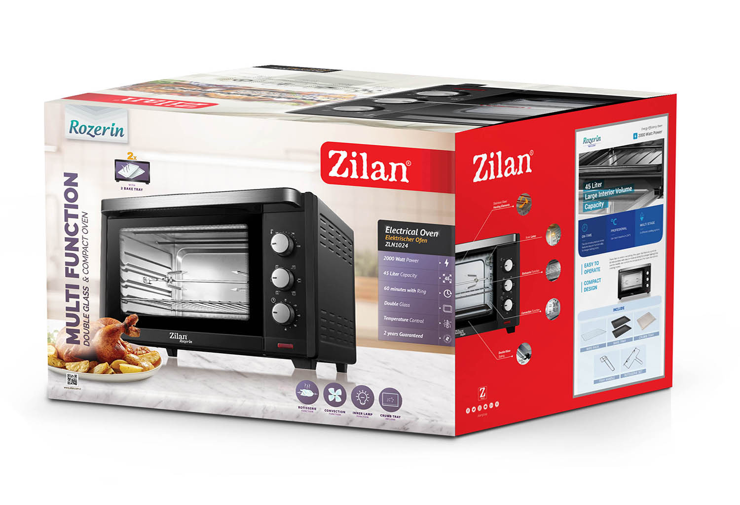 Cuptor electric Zilan ZLN-1024 Rozerin, Convectie, 2000 W, 45 Litri, Temperatura Reglabila, Geam Duble, Negru
