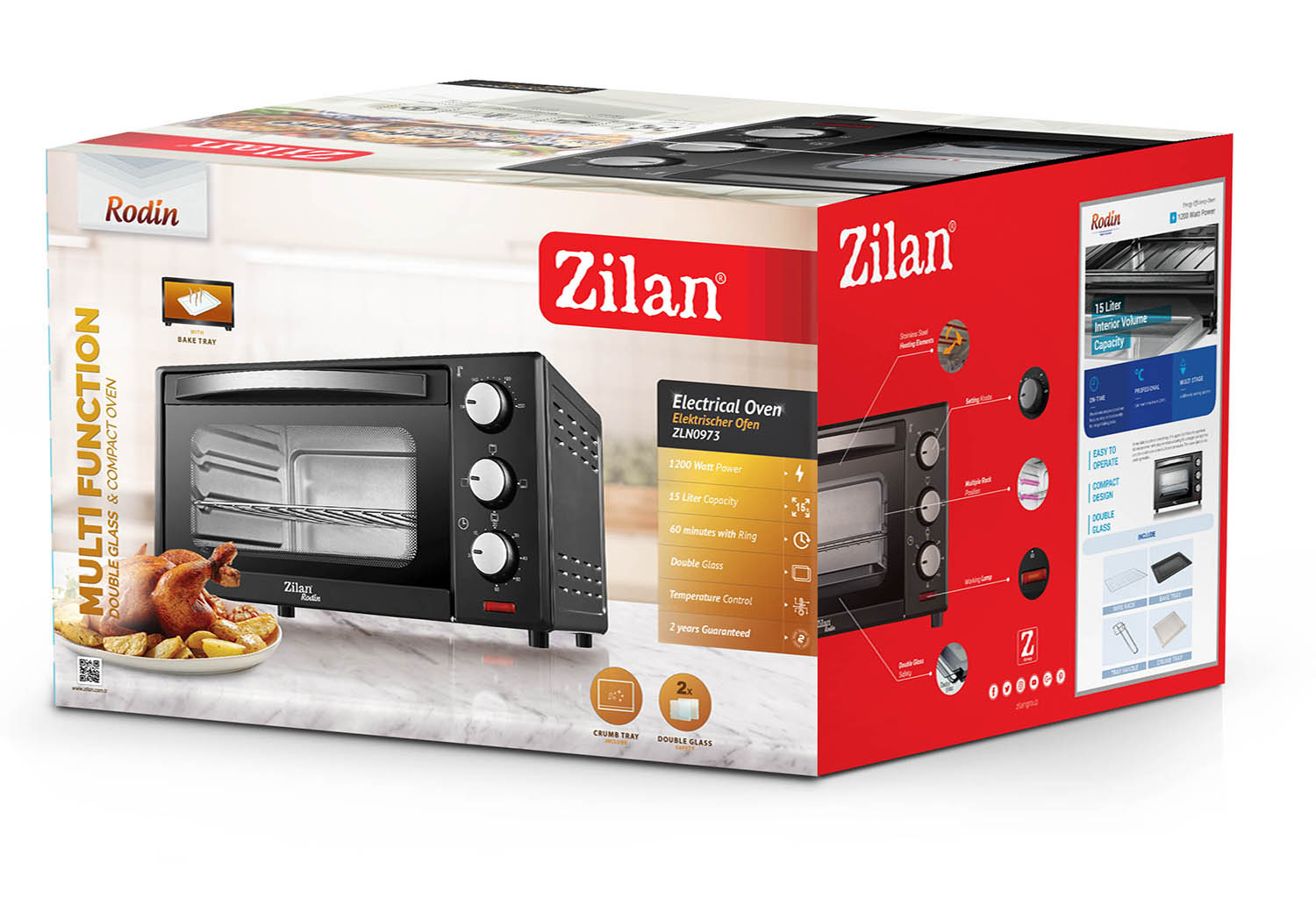 Cuptor electric Zilan ZLN-0973 RODIN, 1200 W, 15 Litri, Temperatura Reglabila, Geam Duble, Negru