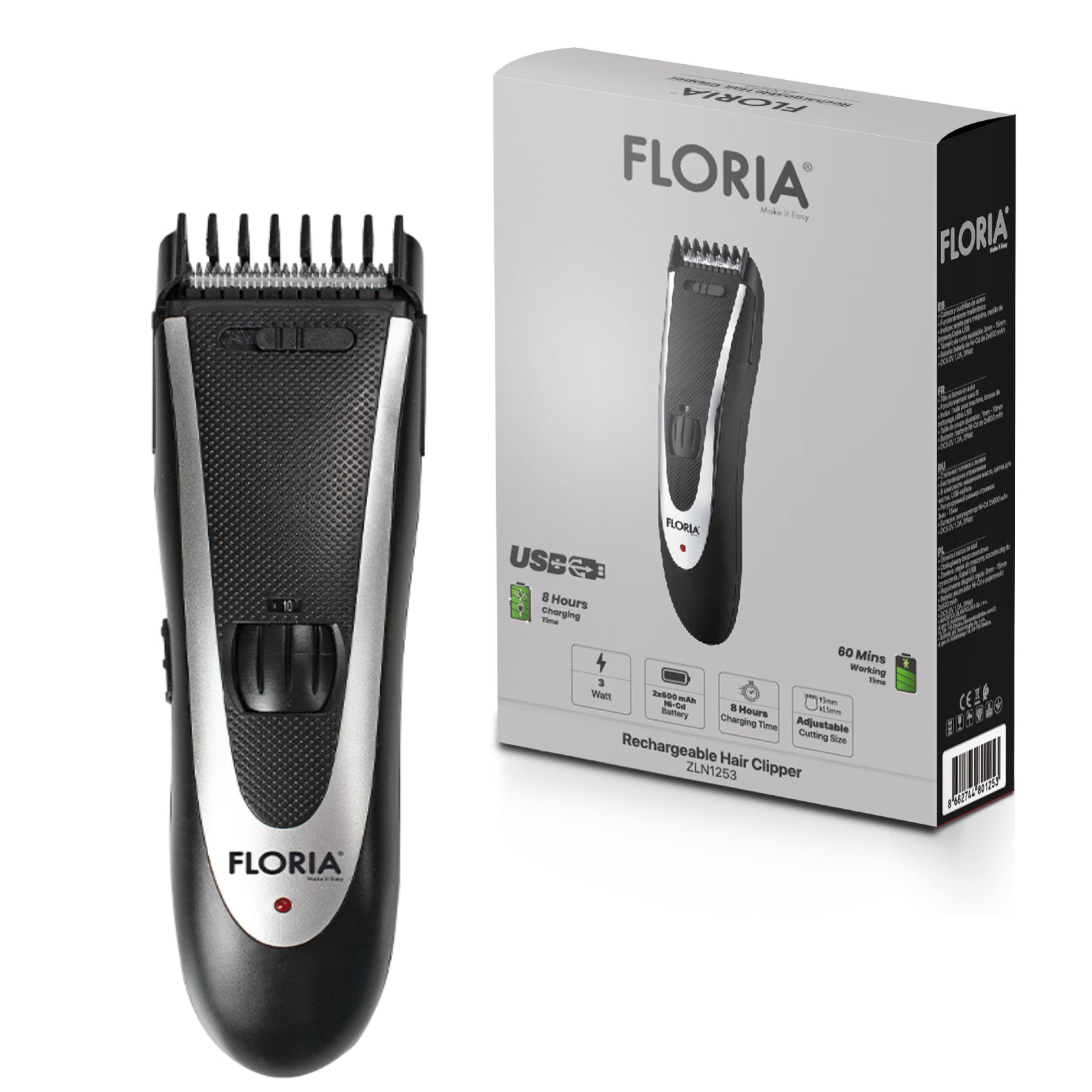 Aparat de tuns profesional Floria ZLN-1253 fara fir, cap si lame din otel, ulei si perie de curatare incluse, Negru