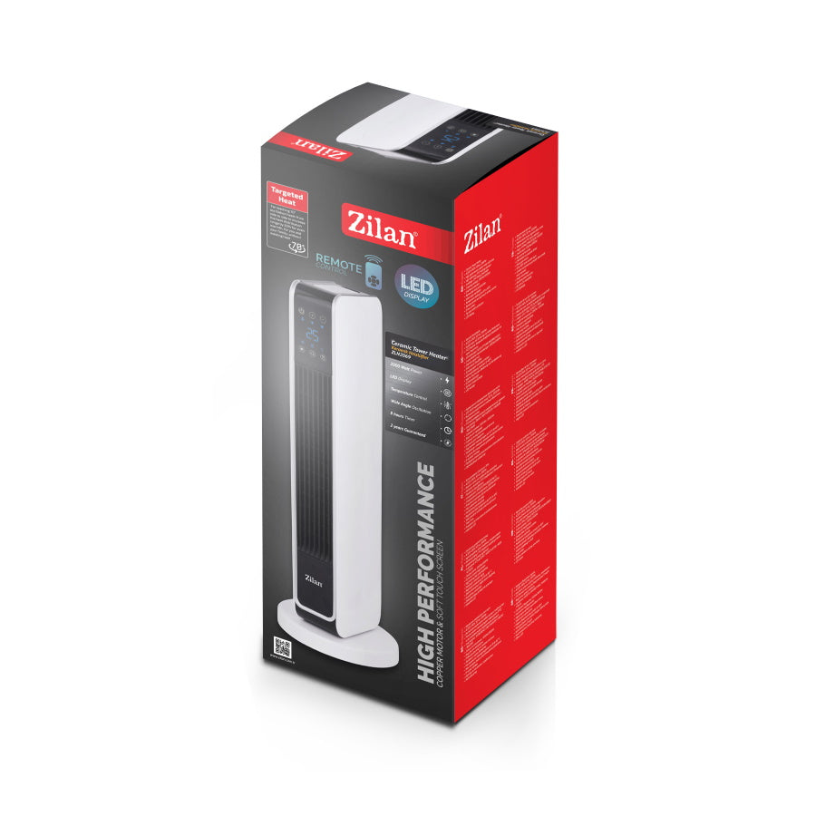 Aeroterma ceramica turn Zilan ZLN2069 Alb, 2200W, Ecran cu atingere, Timer 8H