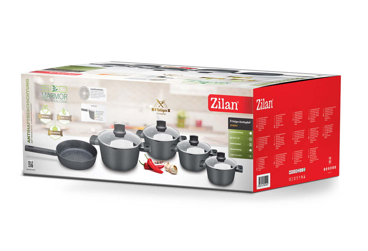 Set de oale Zilan ZLN0942 Negru, cu 9 piese, invelis din marmura si manere fine la atingere