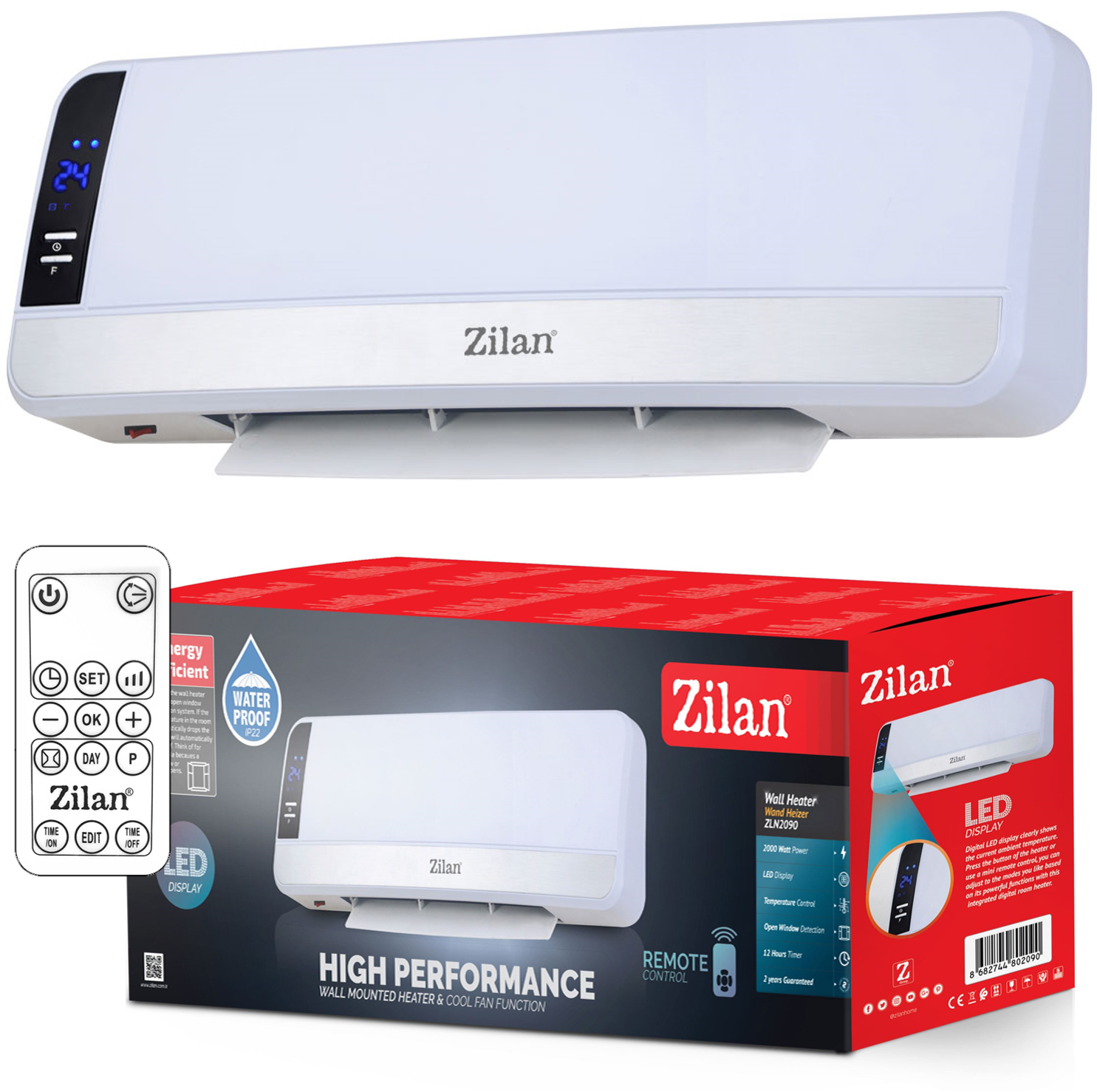 Aeroterma de perete Zilan ZLN2090 Alb, 2000W, display LED, temperatura reglabila