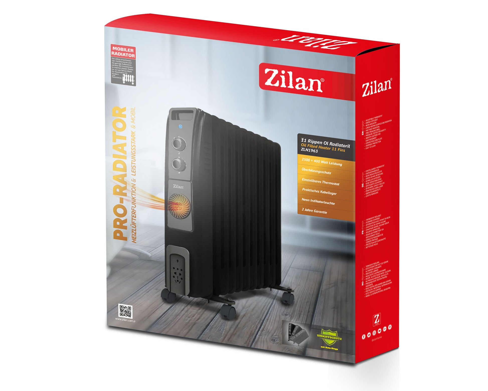 Calorifer electric cu ulei ZILAN ZLN1963 Negru, termostat reglabil, 2500W, 11 elementi