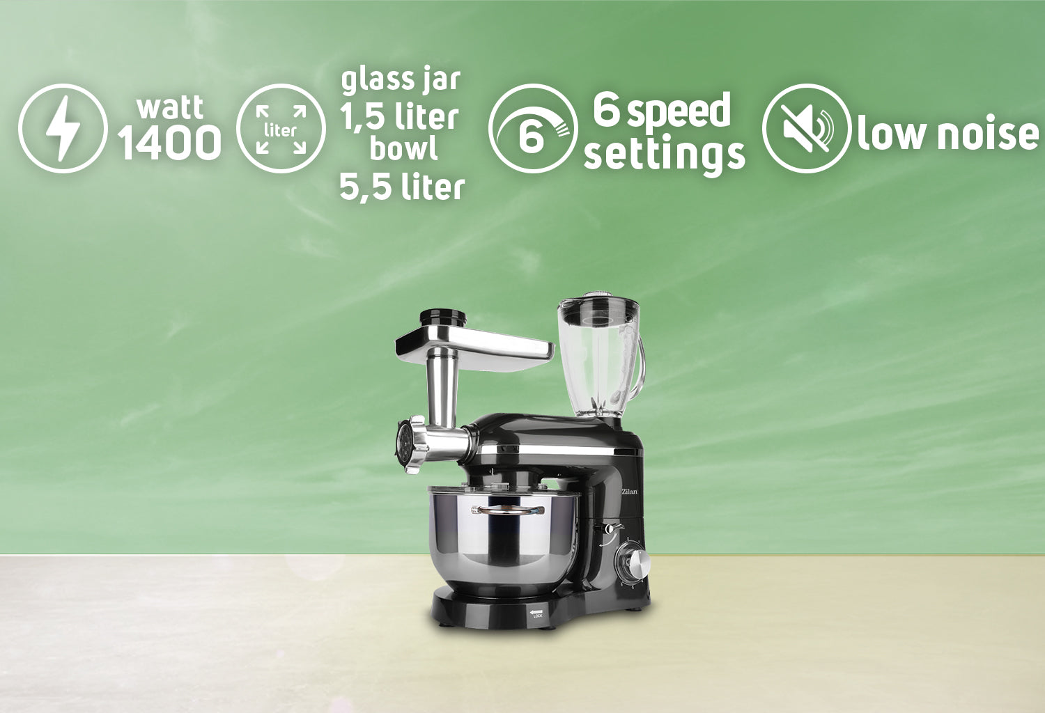 Mixer, blender si masina de tocat 3 in 1 Zilan ZLN1772 Negru, 6+1 nivele de control al vitezei, 1400W