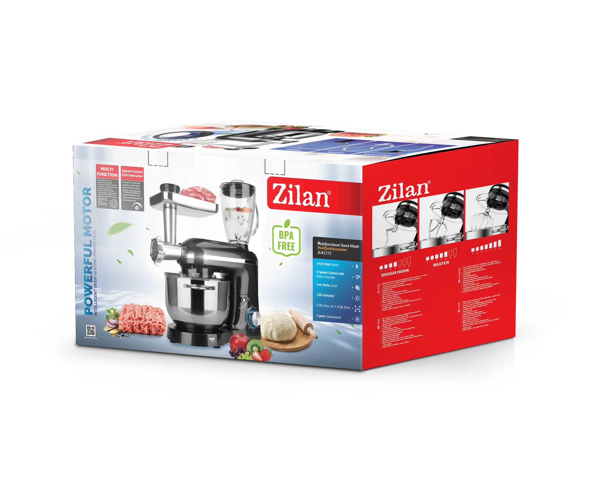 Mixer, blender si masina de tocat 3 in 1 Zilan ZLN1772 Negru, 6+1 nivele de control al vitezei, 1400W
