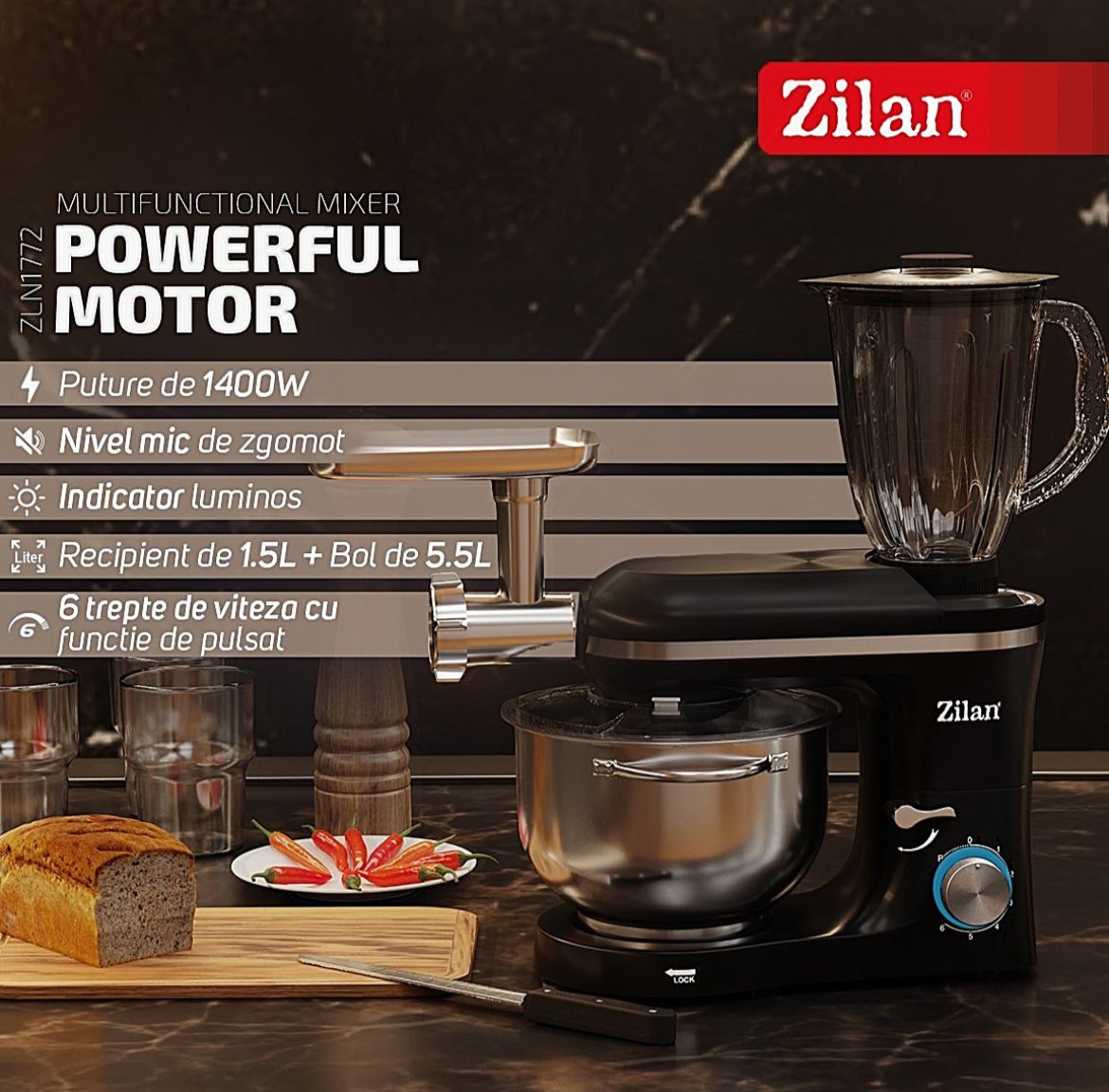 Mixer, blender si masina de tocat 3 in 1 Zilan ZLN1772 Negru, 6+1 nivele de control al vitezei, 1400W