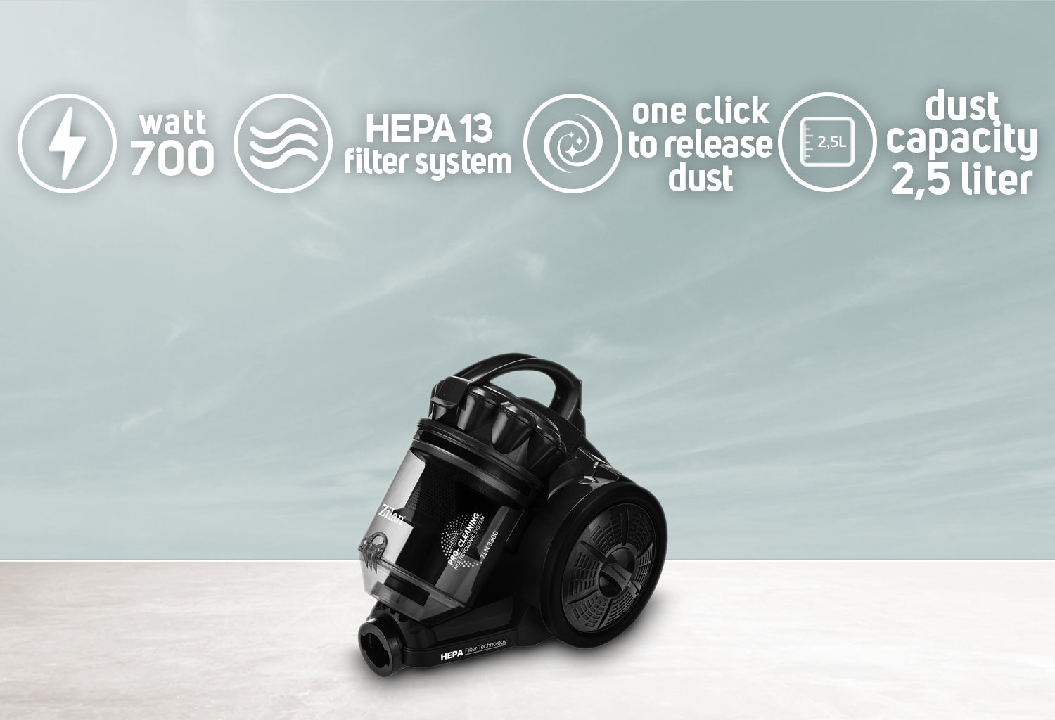 Aspirator fara sac Zilan ZLN3300 Negru, 700W, filtru HEPA 13 si control flux de aer pe maner