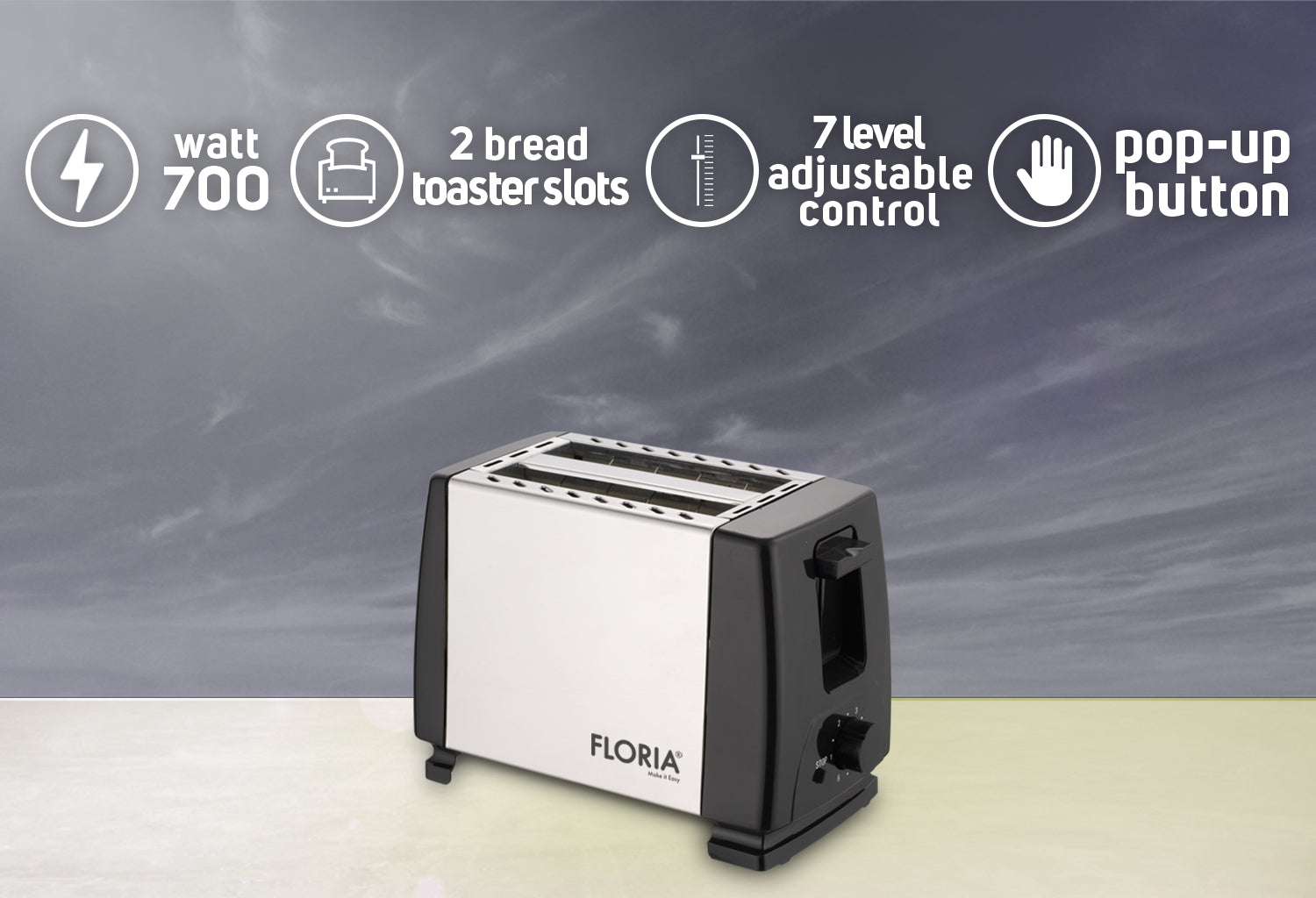 Prajitor de paine Floria ZLN1840 Negru/Inox, 700W, 7 nivele de control al temperaturii, buton de oprire