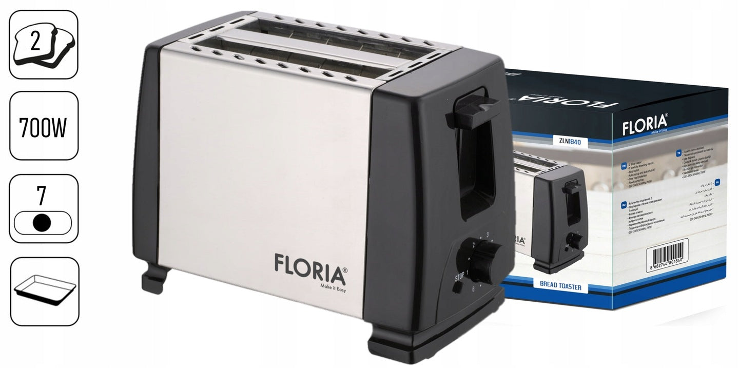 Prajitor de paine Floria ZLN1840 Negru/Inox, 700W, 7 nivele de control al temperaturii, buton de oprire