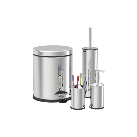 Set de baie Zilan ZLN4605 4 in 1 din inox cu cos menajer de 3 litri, perie WC, suport sapun lichid, suport periute de dinti