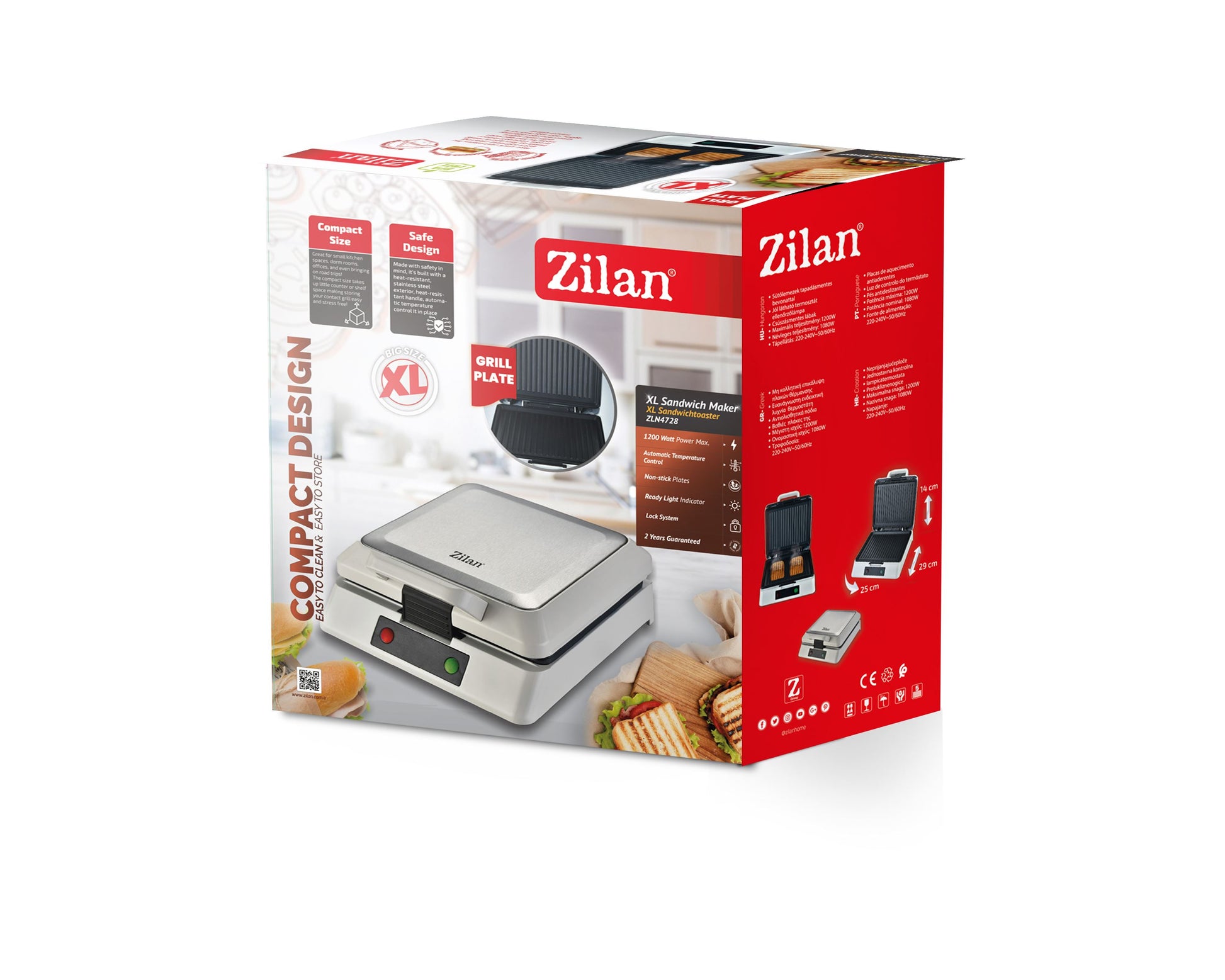Sandwich Maker XL Zilan ZLN4728 Argintiu, plita grill, indicator luminos, sistem de inchidere, putere 1200W