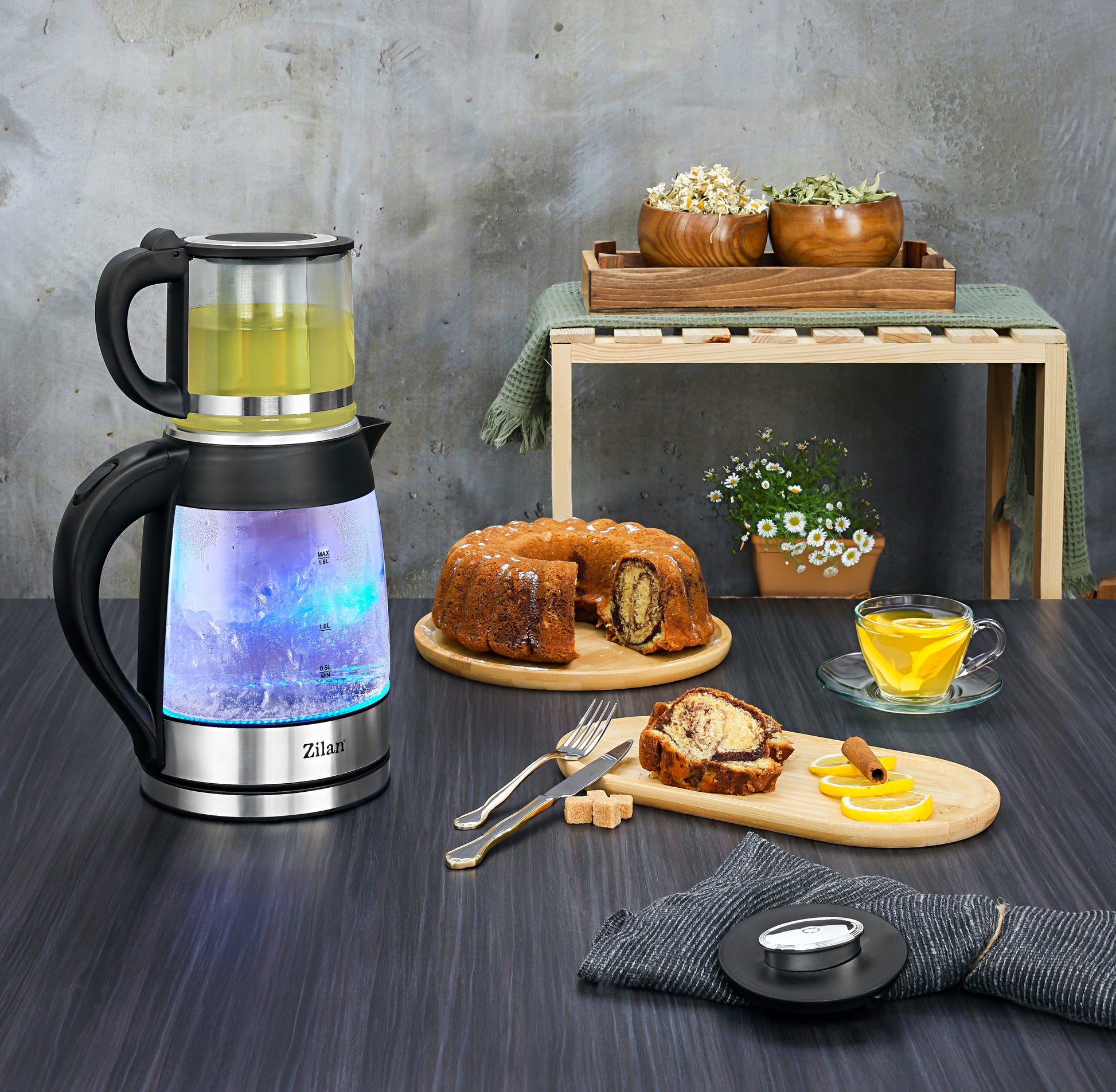 Set fierbator electric plus ceainic Zilan ZLN4858 Argintiu, putere 2200W, capacitate 1.8L si 0.8L