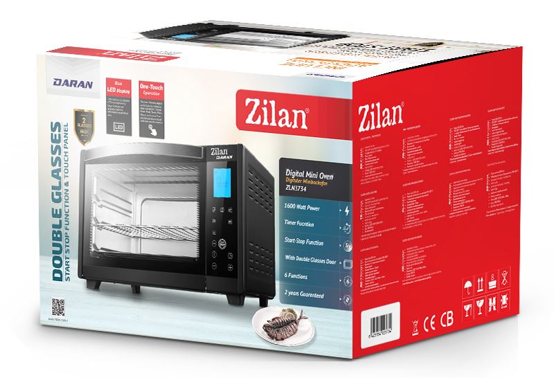 Cuptor electric digital ZILAN ZLN-3734,NEGRU Capacitate 28L, Putere 1600W, Geam dublu, Temporizator 180 min, Temperatura maxima 230 grade celsius,