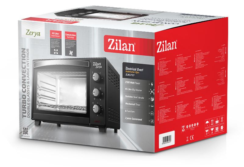 Cuptor electric cu ventilator ZILAN ZLN-3727 Negru, Capacitate 45L, Putere 2000W, Geam dublu, Temporizator 60 min, Temperatura maxima 230 grade celsius