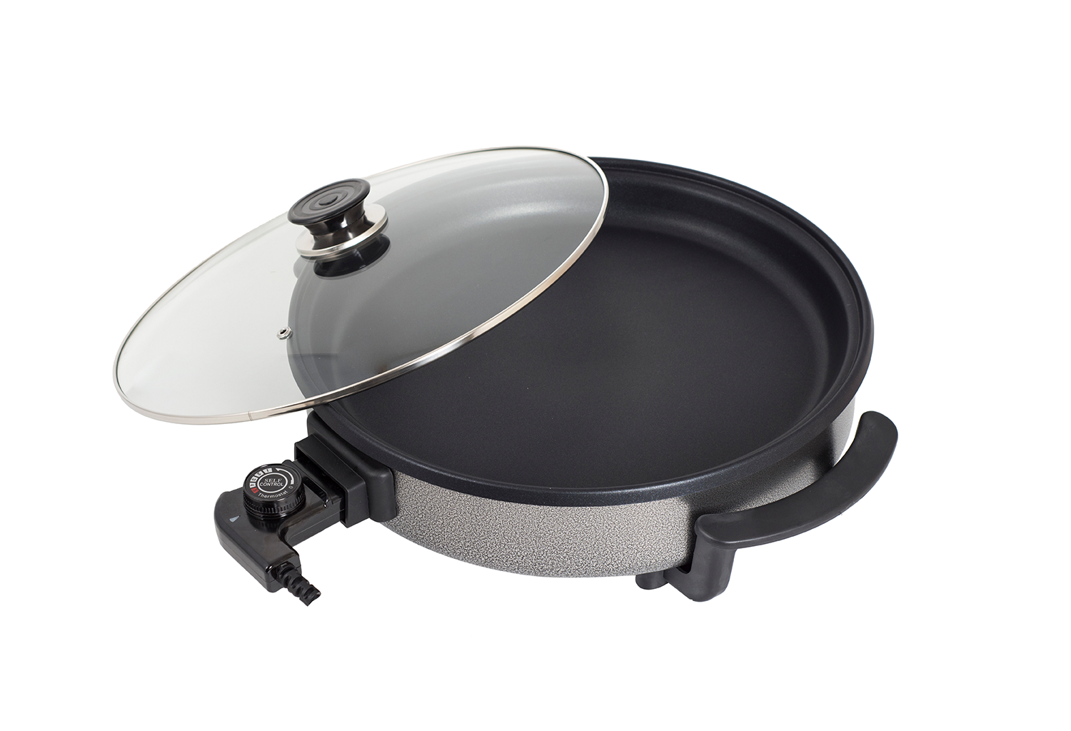 Tigaie electrica rotunda Floria ZLN4957, pizza grill, diametru 36 cm, 1500 W, capac sticla