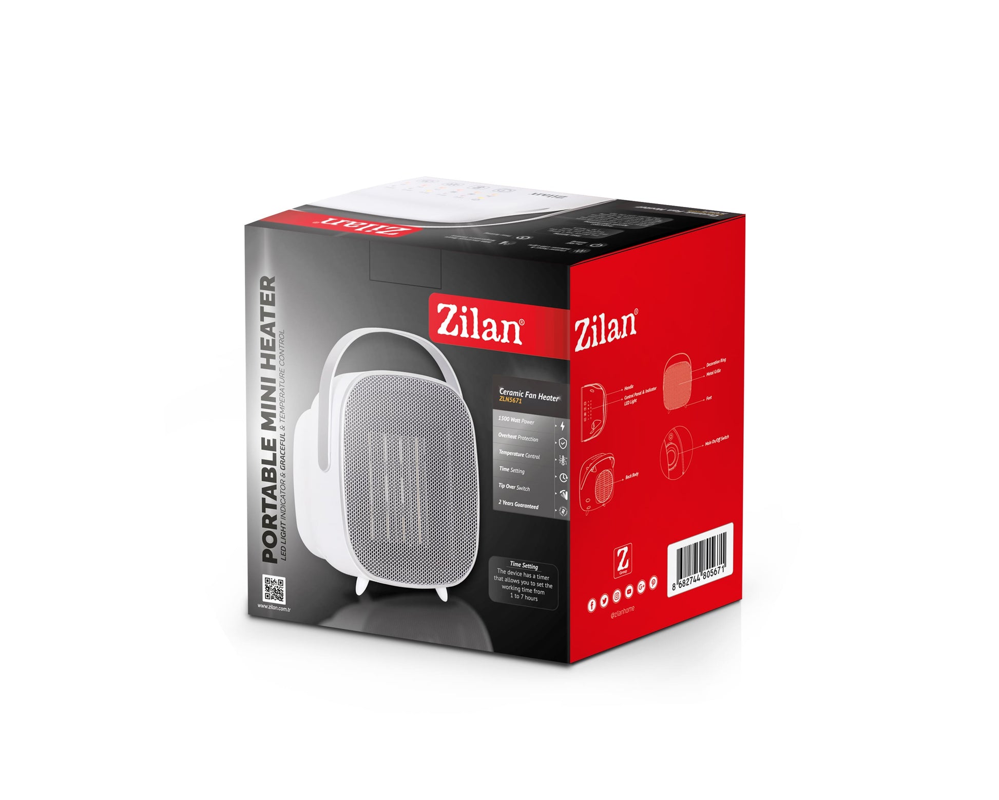 Aeroterma ceramica Zilan ZLN5671 Alba, cu maner de portabilitate, putere 1500W, timer