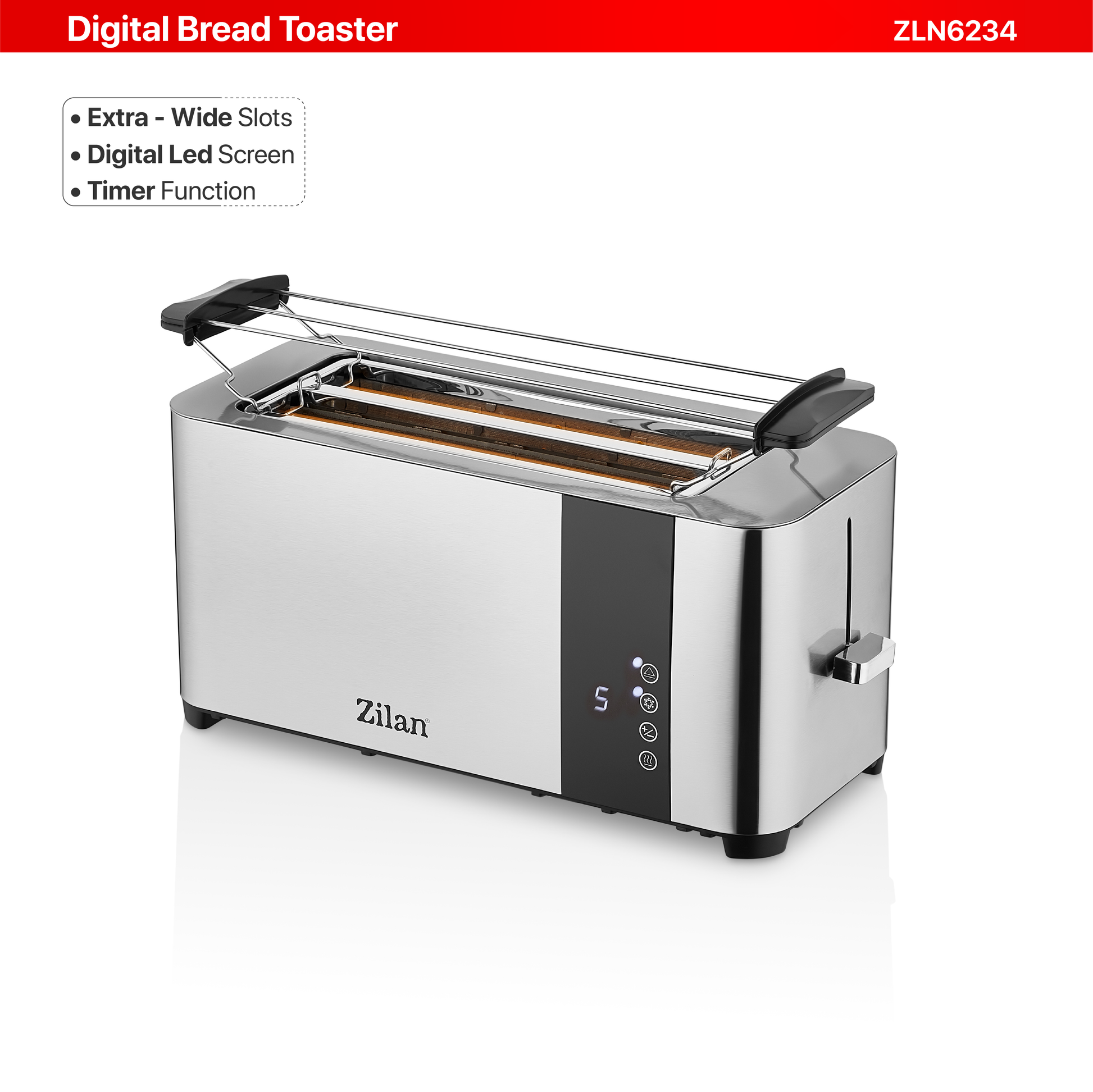 Prajitor de paine Zilan ZLN6234 Argintiun, ecran digital si tactil, putere 1400W, inox