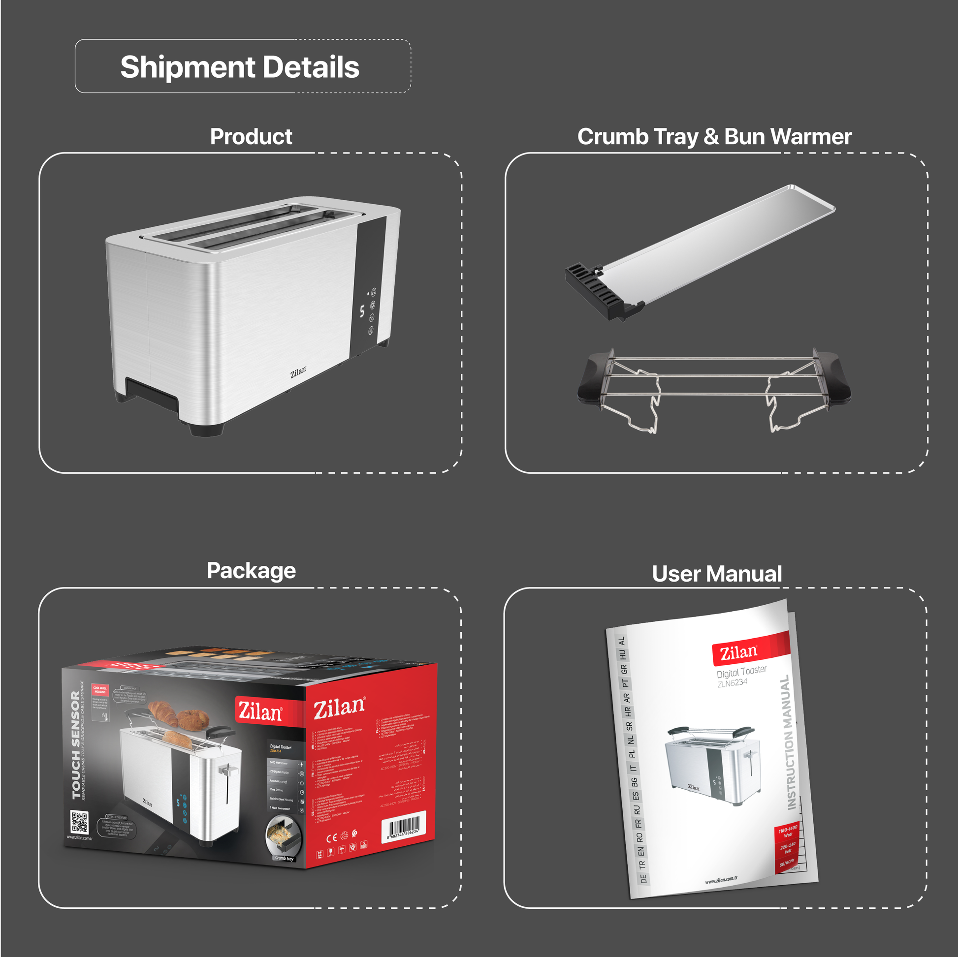 Prajitor de paine Zilan ZLN6234 Argintiun, ecran digital si tactil, putere 1400W, inox