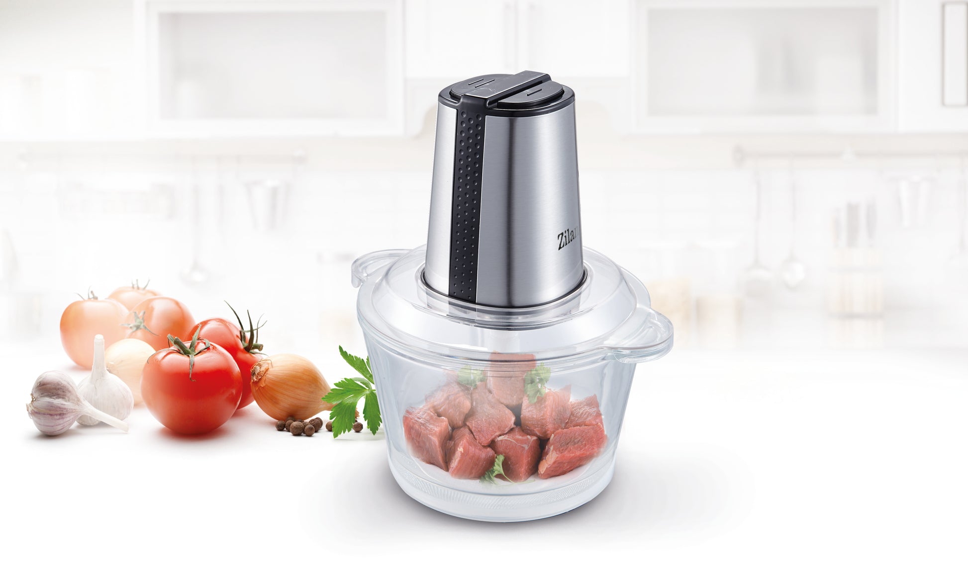 Tocator legume-fructe ZILAN ZLN-3888, Putere 300W, Vas din sticla 1.6L, 4 lame inox, 2 trepte de viteza