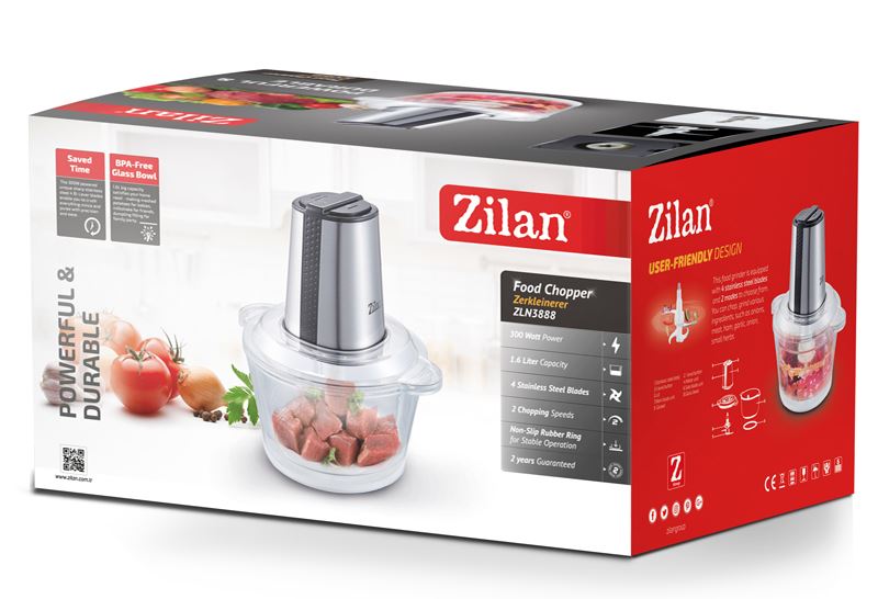 Tocator legume-fructe ZILAN ZLN-3888, Putere 300W, Vas din sticla 1.6L, 4 lame inox, 2 trepte de viteza