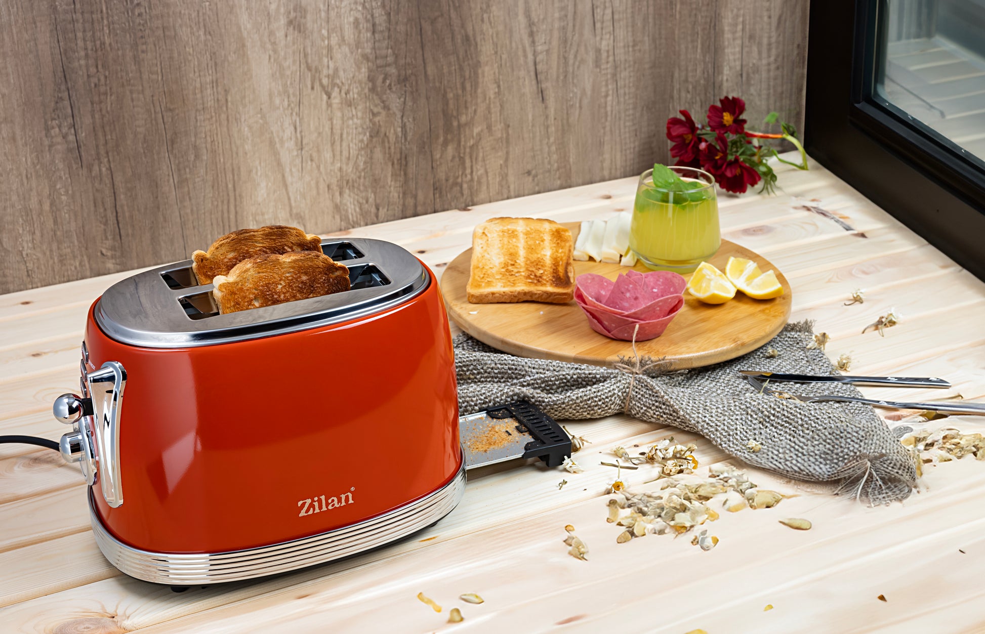 Prajitor RETRO Zilan ZLN7040 Rosu, 6 trepte de prajire, indicator luminos pentru semnalizare