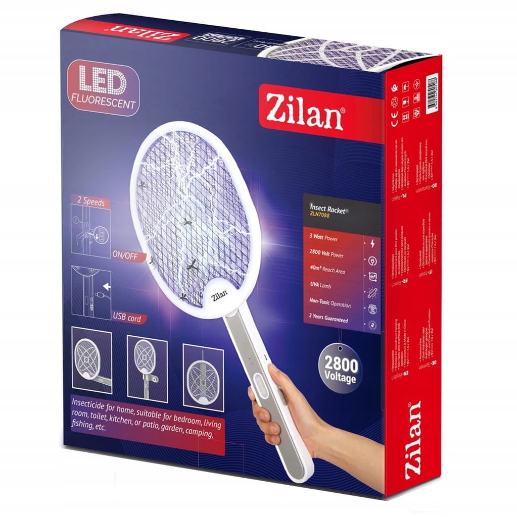 Paleta electrica anti-insecte, Zilan ZLN7088 Alba, 2800 Volti, lampa cu LED