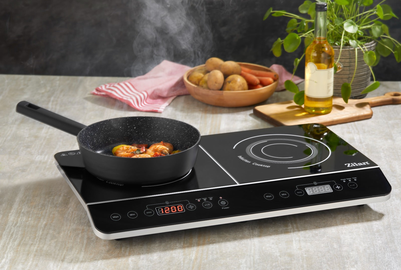 Plita cu inductie Zilan ZLN8088 Neagra, doua ochiuri, putere 3500W, geam din cristal negru