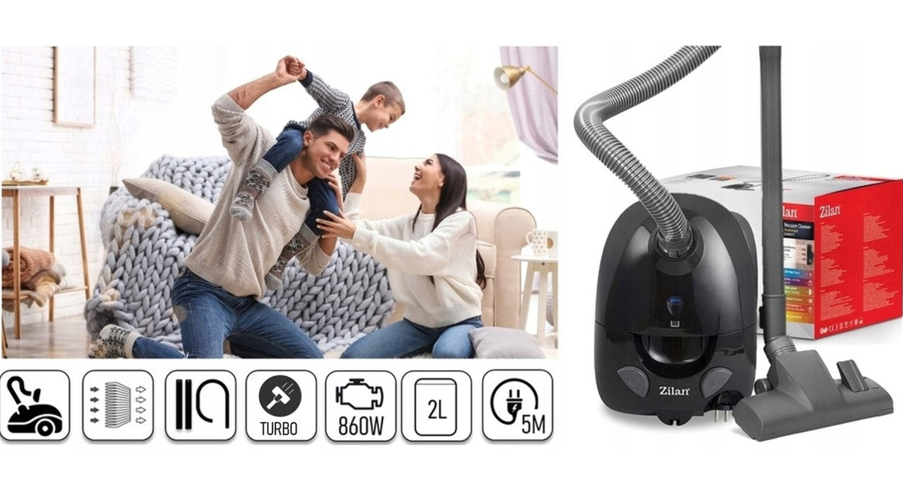 Pachet aspirator Zilan ZLN8471 cu cap turbo ZLN0386 , Negru, sac cu capacitate de 2 l, putere 1200W, cablu de 5 m