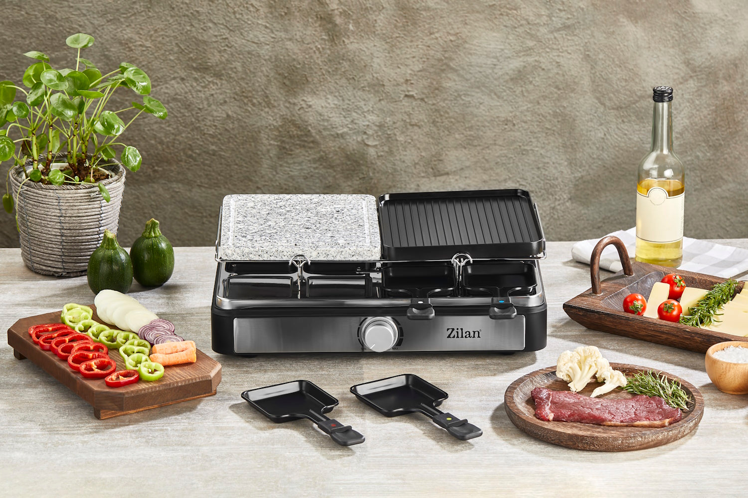 Gratar electric cu raclette Zilan ZLN8863, placa de piatra si placa de aluminiu, putere 1400 W, Gri