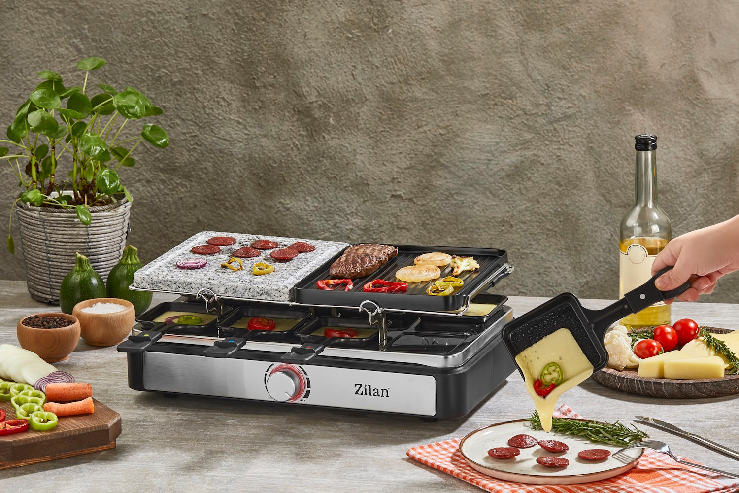 Gratar electric cu raclette Zilan ZLN8863, placa de piatra si placa de aluminiu, putere 1400 W, Gri