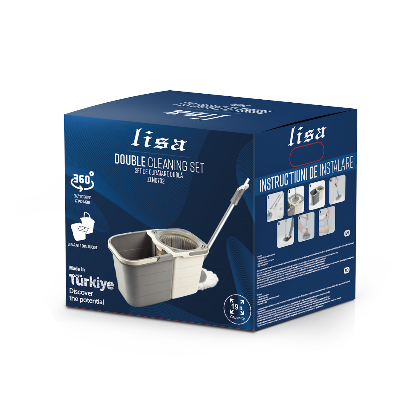 Mop rotativ Lisa ZLN0792 cu doua recipiente separabile, maner ajustabil, Gri
