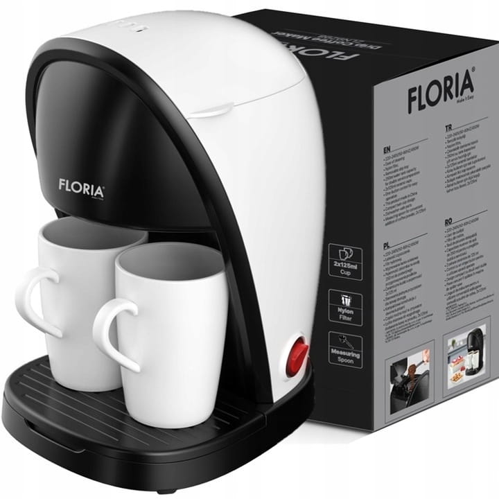 Aparat de facut cafea Floria ZLN9298, filtru de nailon, cupa pentru masurat, 2 cesti incluse, Alb