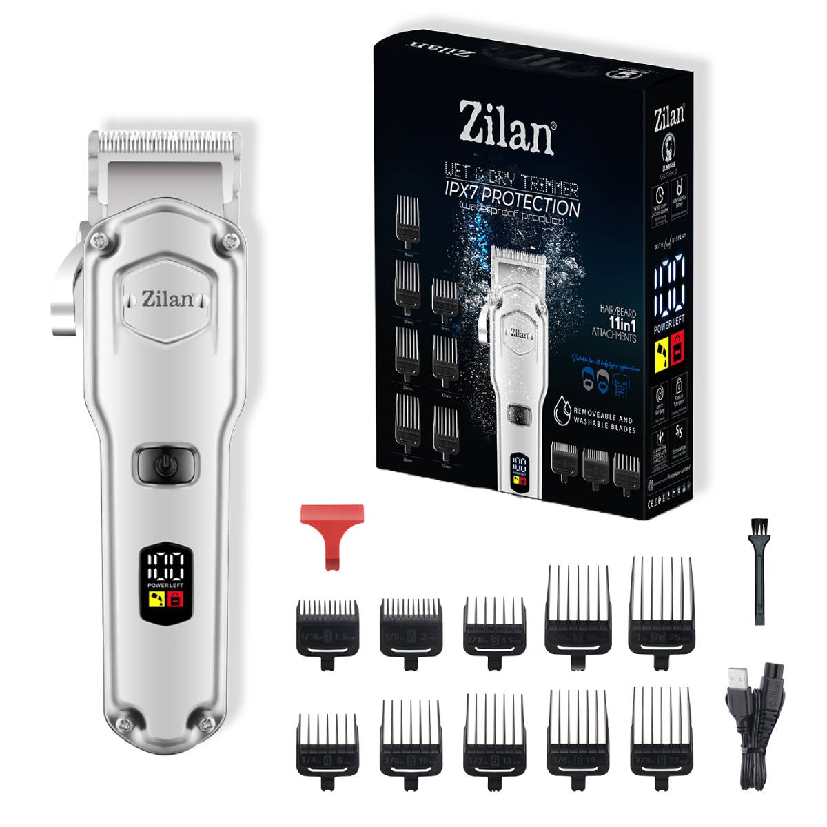 Aparat de tuns 11 in 1 Zilan ZLN8689, lame din otel inoxidabil, rezistenta la apa IPX7