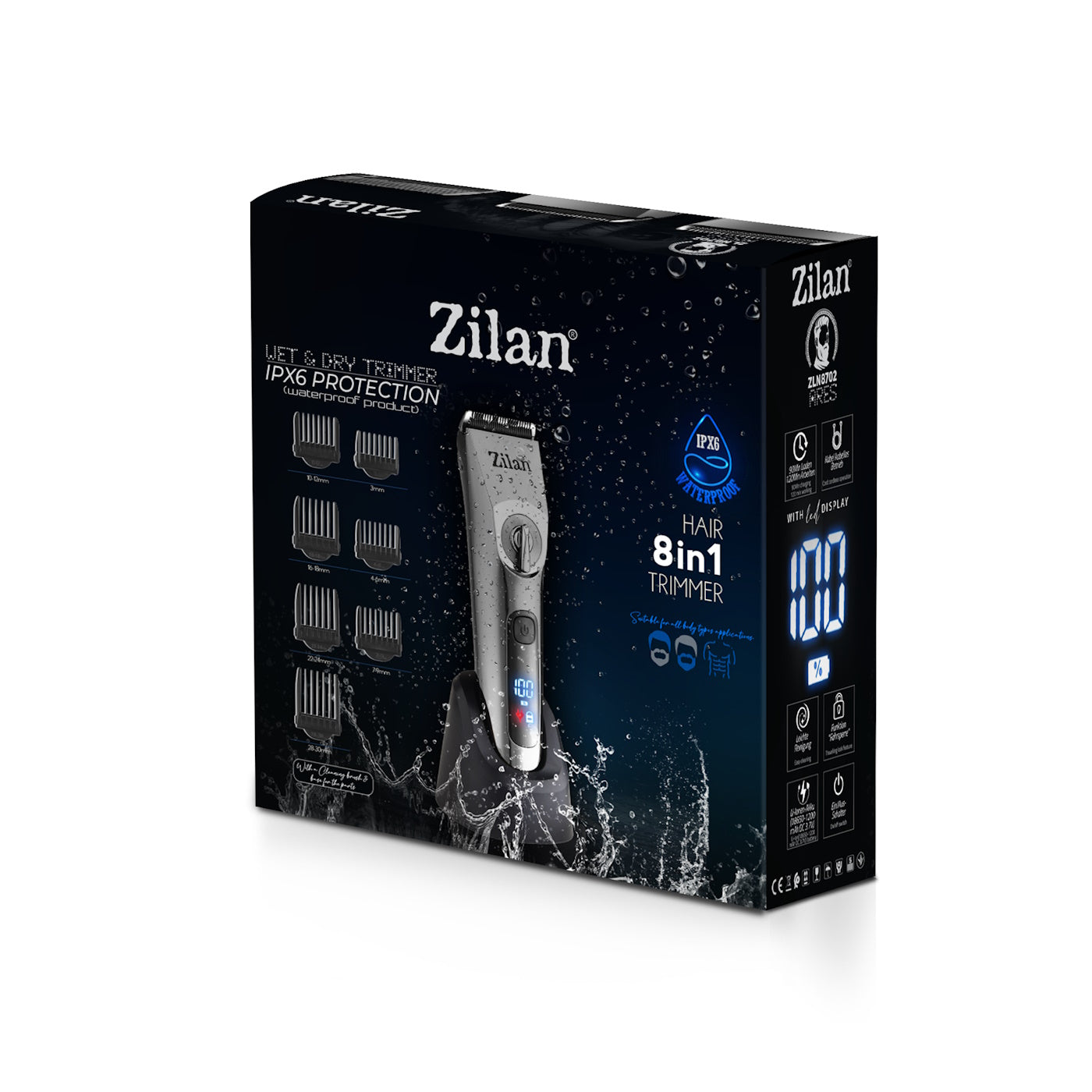 Masina de tuns profesionala Zilan ZLN8702 rezistenta la apa cu protectie IPX6, 8 nivele de taiere