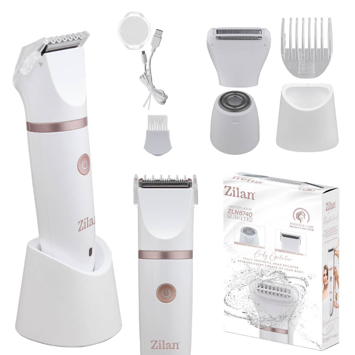 Aparat de epilat Zilan ZLN8740 Alb, 3 capete de epilare, 3 nivele de taiere, perie pentru curatare