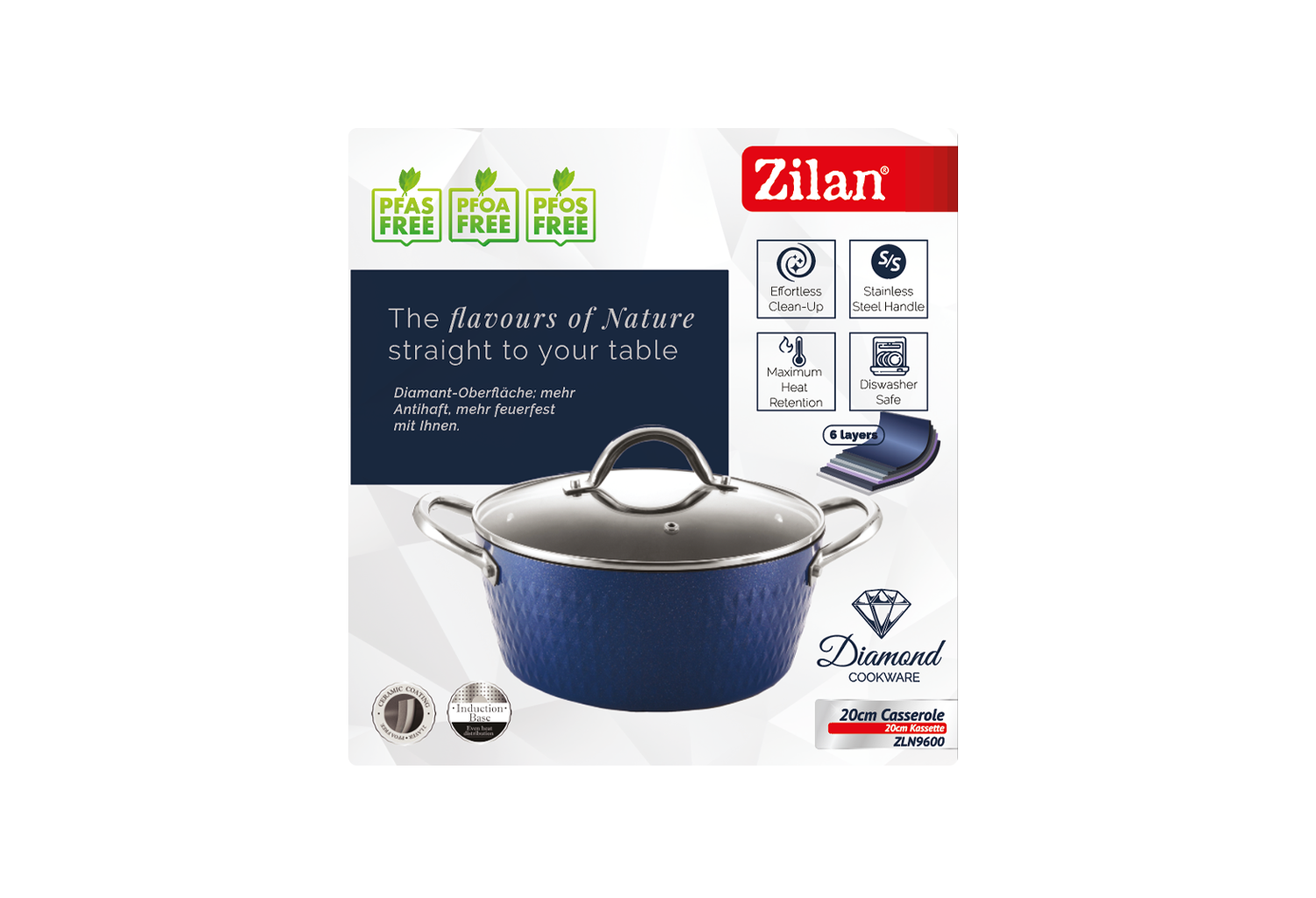 Oala cu capac Zilan ZLN9600 diamond, cu baza de inductie, ceramica si inox, usor de spalat, 20 cm,2.1L